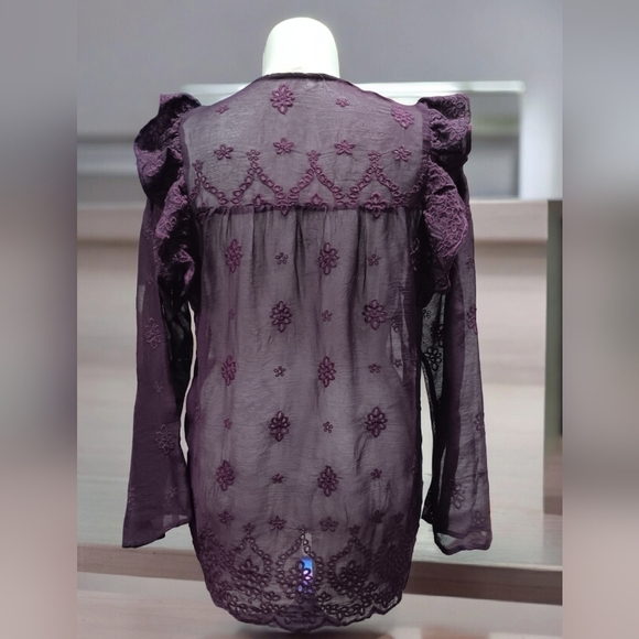 WEEKEND SUZANNE BETRO SHEER Plum Perfect WOMEN'S Sz M Bell Sleeve Blouse Tunic - Picture 4 of 9